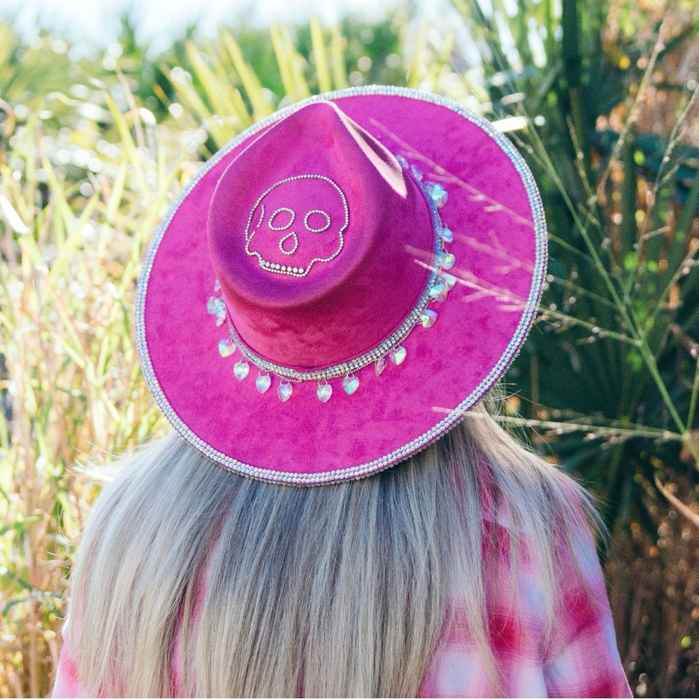 “Barbara” pink vegan suede rancher hat with skull rhinestones